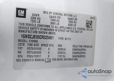 2012 Chevrolet Suburban 1500 Lt from USA, damaged, VIN 1GNSCJE05CR325491